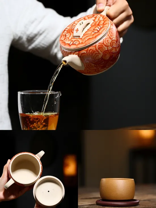 Zisha Teapots: Han Roof Tile | Famille Rose and Iron Red 6