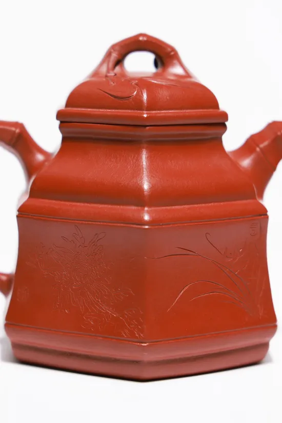 Zisha Teapots: Six-Sided Bamboo Tripod | Da Hongpao clay 4