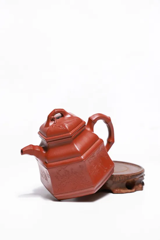 Zisha Teapots: Six-Sided Bamboo Tripod | Da Hongpao clay 8