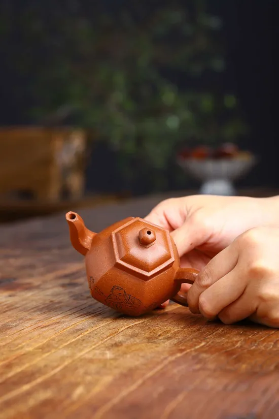 Zisha Teapots: Six-Sided Palace Lantern | peach blossom clay 1