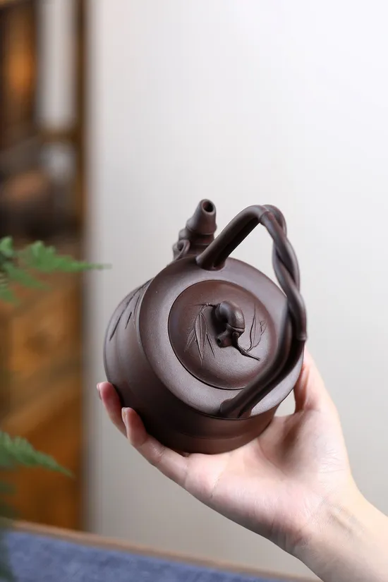 Yixing Zisha Teapot with Bamboo Design | Handmade Purple Clay Artistry 3