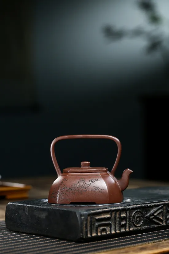 Zisha Teapots: Square Corner Drawn Handle | raw purple clay 4