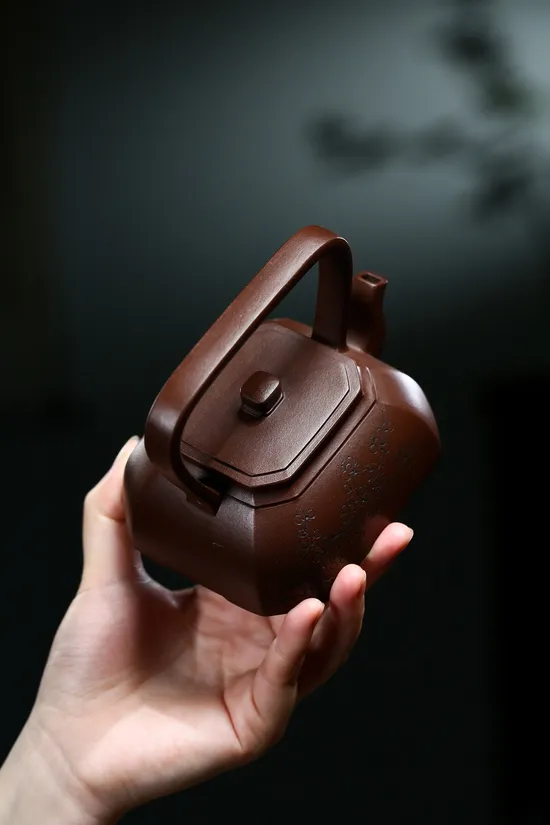 Zisha Teapots: Square Corner Drawn Handle | raw purple clay 7