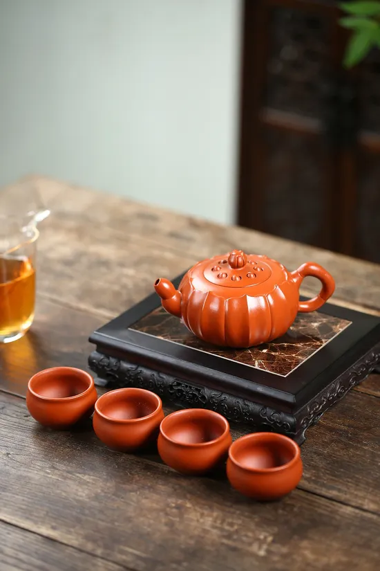 Premium Yixing Clay Teapot - Lotus Design, Handcrafted Artisan Set 4