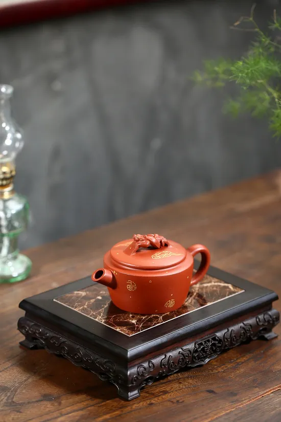 Yixing Zisha Teapot - Handcrafted Purple Clay Pot with Golden Patterns 6