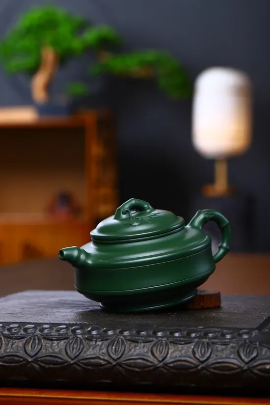 Zisha Teapots: Double Line Bamboo Drum | rare green clay 4