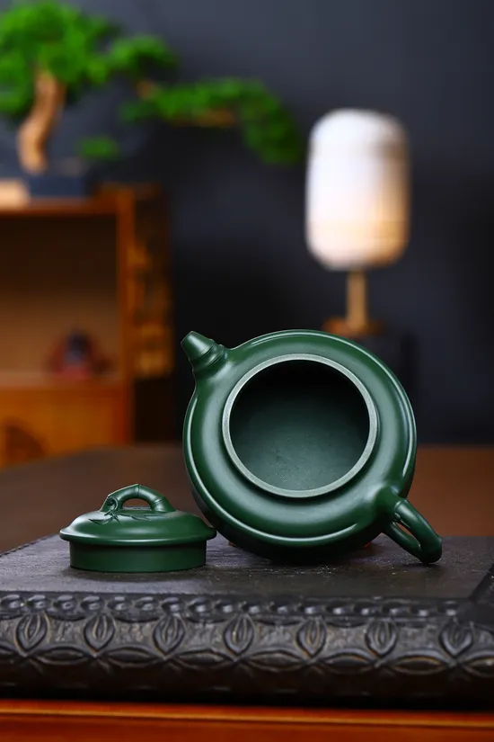 Zisha Teapots: Double Line Bamboo Drum | rare green clay 5