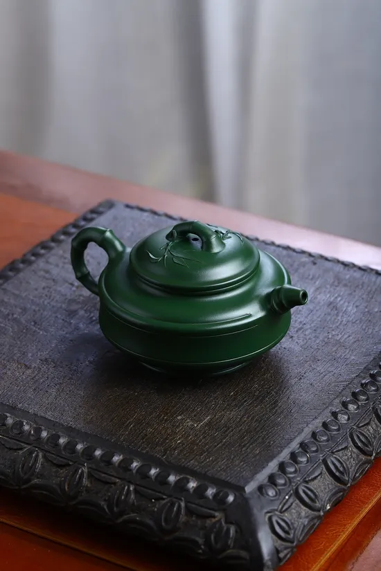 Zisha Teapots: Double Line Bamboo Drum | rare green clay 7