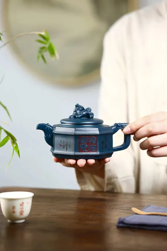 Yixing Zisha Teapot, Hexagonal Auspicious Beast, Handcrafted Collectible 2