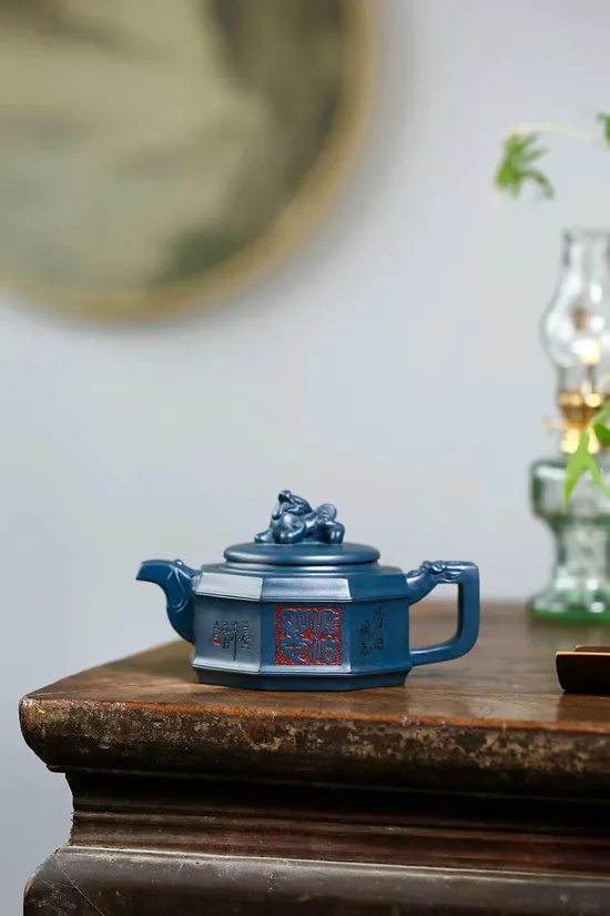 Yixing Zisha Teapot, Hexagonal Auspicious Beast, Handcrafted Collectible 8