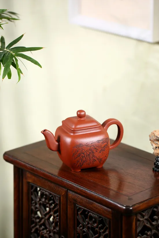 Yixing Zisha Clay Teapot, Square Palace Lantern Design, Handcrafted Ceramic 9