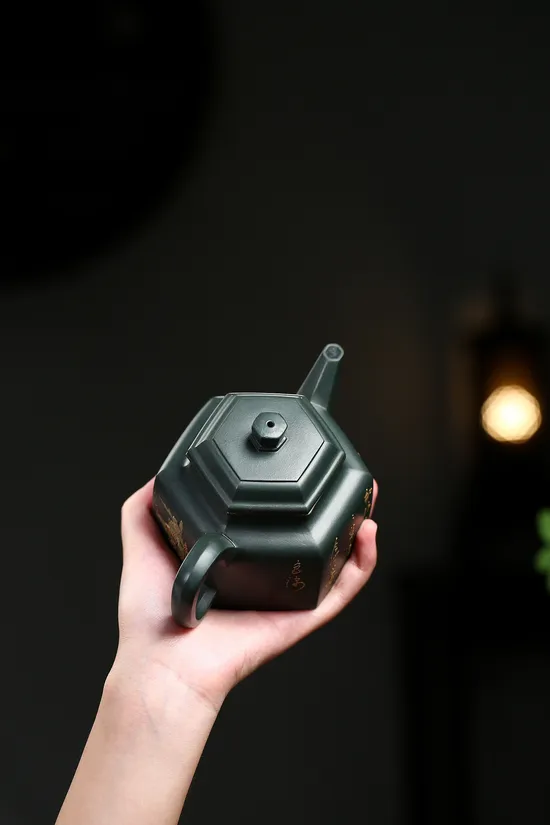 Handcrafted Yixing Zisha Teapot - 70s Dark Green Clay Hexagonal Design 1