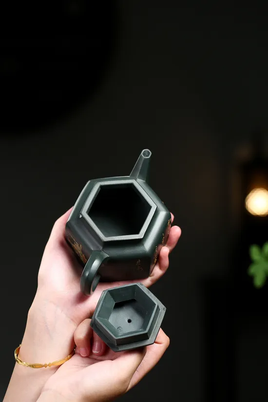 Handcrafted Yixing Zisha Teapot - 70s Dark Green Clay Hexagonal Design 4