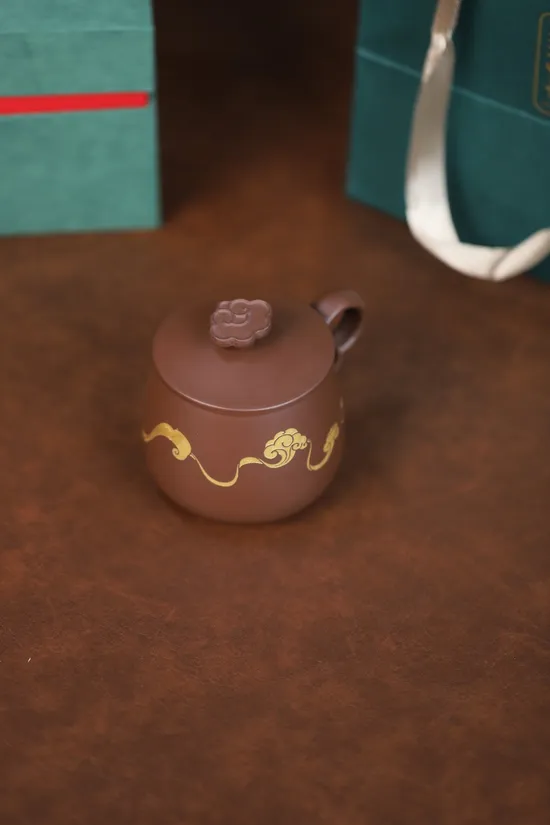 Yixing Zisha Teapot | Handcrafted Artisan Clay Pot, Gold Detailing 3