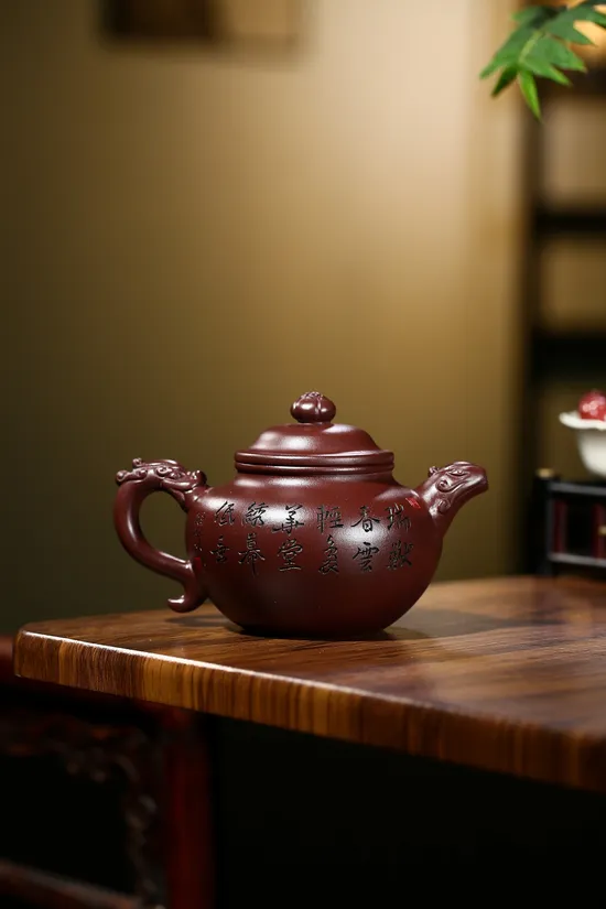 Yixing Zisha Teapot: Handcrafted Purple Clay Dragon-Phoenix Design 5