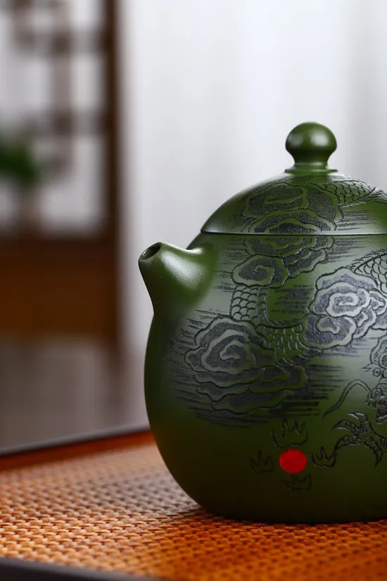 Yixing Clay Teapot - Rare Dragon Egg Design & Republic Green Clay 8